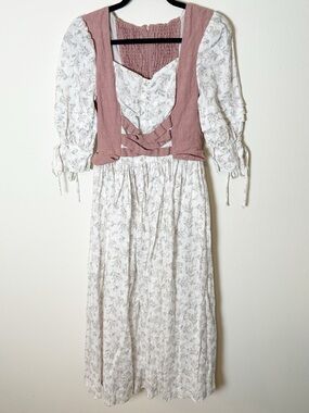 Linennaive Pink White Floral Linen Midi Dress Corset Top Cottagecore OS